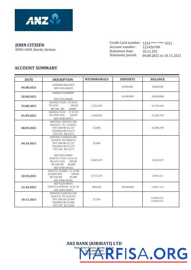 Realistic Kiribati ANZ bank statement word sample